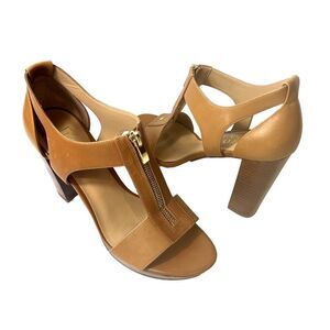 Franco Sarto Tan Leather T-Strap Peep Toe Ultra High Heel Sandals Womens Sz 8.5M